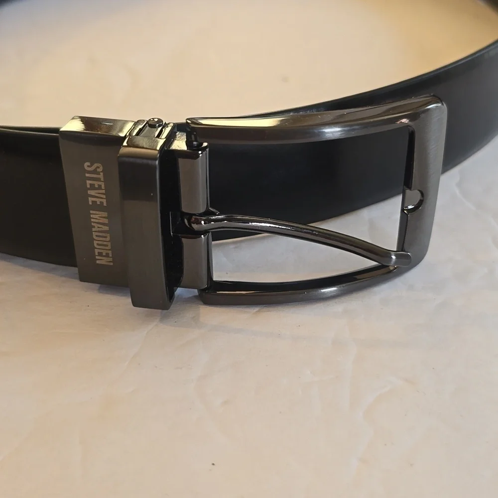 Steve Madden| Mens Black Premium Leather Dress Belt GUN METAL Buckle Sz.36